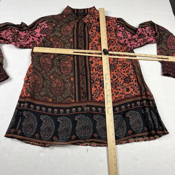 Elie Tahari Paisley Floral Blouse Small Button Front Bohemian Pleated Back Top - Picture 5 of 10